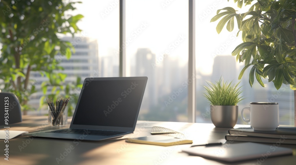 A modern office desk with a laptop, notebook, and a cup of coffee, positioned near a large window with natural light streaming in. A modern office desk with a laptop, notebook, and a cup of coffee, positioned near a large window with natural light streaming in.