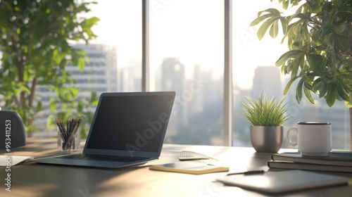Wallpaper Mural A modern office desk with a laptop, notebook, and a cup of coffee, positioned near a large window with natural light streaming in. Torontodigital.ca