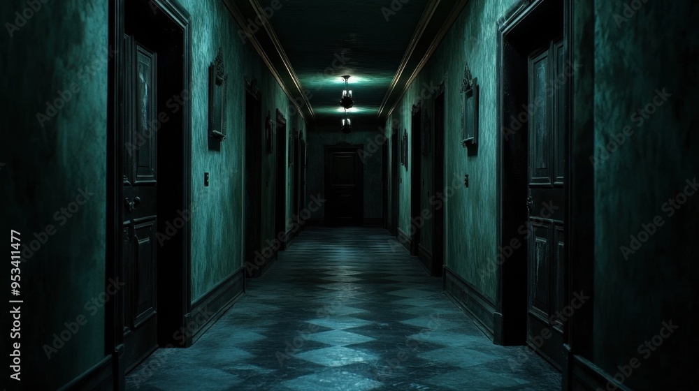 A mysterious, dimly lit hallway with multiple doors, each slightly ajar, creating a sense of intrigue and anticipation. A mysterious, dimly lit hallway with multiple doors, each slightly ajar, creating a sense of intrigue and anticipation.