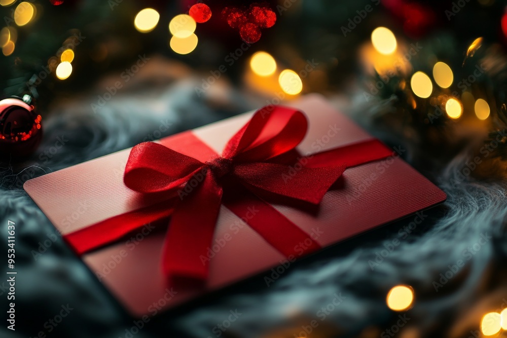 Gift Card with Red Bow and Festive Lights. Gift Card with Red Bow and Festive Lights.