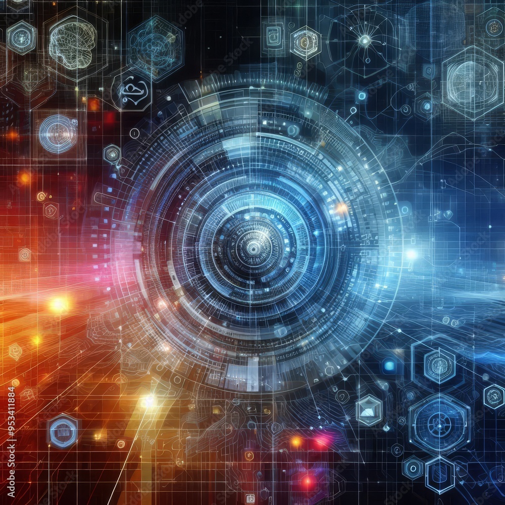 Fototapeta premium Digital backdround ideal for technological operations, neural networks, AI, data transmission and encryption, digital archives, audio and visual representations, scientific research 