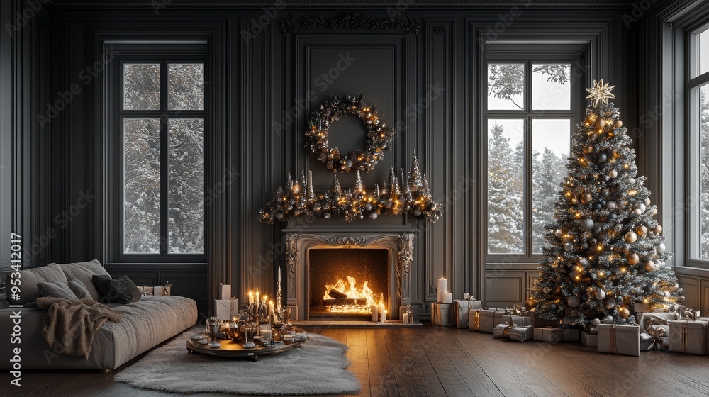 Obraz premium Comfortable living room setting with windows on both sides of the fireplace, grey paneled walls, and silver and gold decorations on the Christmas tree on the right, creating a festive atmosphere