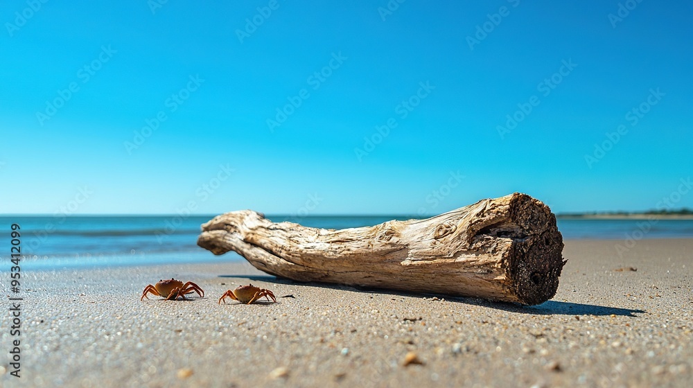 a tiny crab resting near a tree trunk against a bright blue sky on a beach a tiny crab resting near a tree trunk against a bright blue sky on a beach
