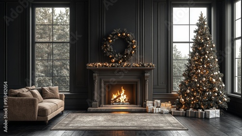 Comfortable living room setting with windows on both sides of the fireplace, grey paneled walls, and silver and gold decorations on the Christmas tree on the right, creating a festive atmosphere