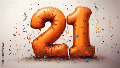 Orange birthday / anniversary balloon, number 21, white background photo