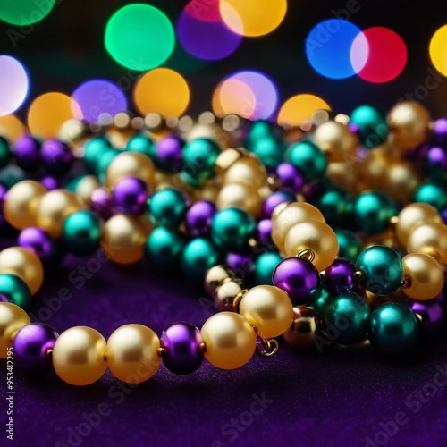 Celebrate Mardi Gras with vibrant colorful beads and a festive bokeh background, capturing the lively spirit of the celebration during this annual New Orleans event. Generative AI