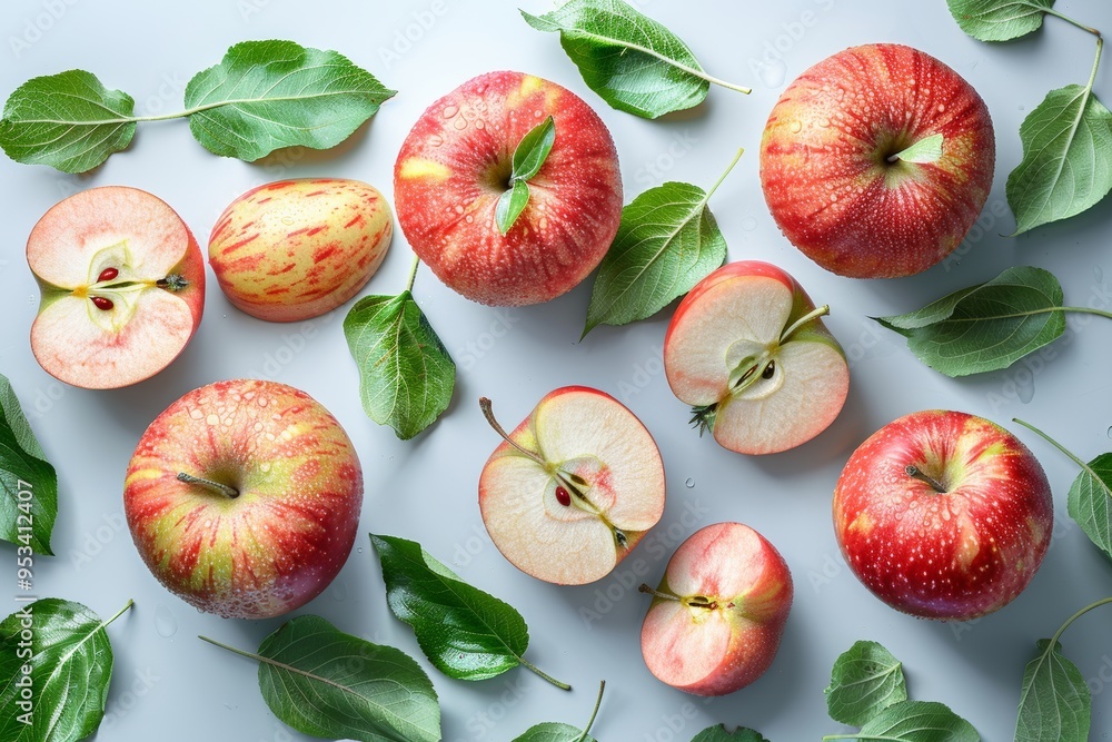 Apples and half slices suspended in the air with green leaves isolated on white background. Generative AI Apples and half slices suspended in the air with green leaves isolated on white background. Generative AI
