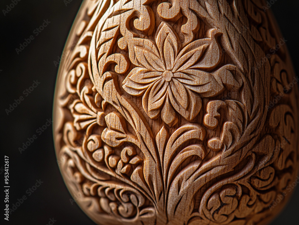 teardrop-shaped paisley motif carved into wood, finely detailed with floral and geometric patterns teardrop-shaped paisley motif carved into wood, finely detailed with floral and geometric patterns
