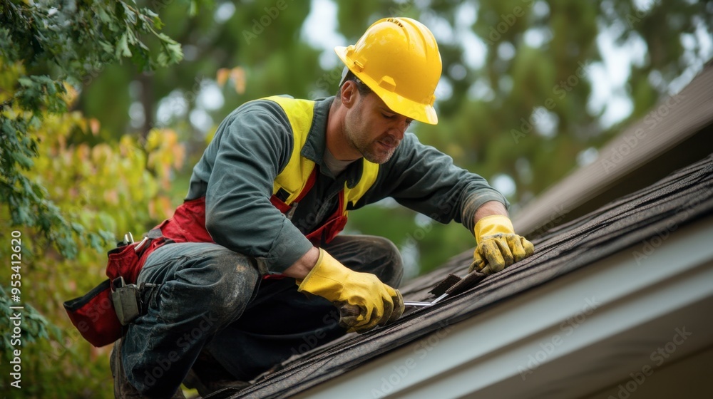 A roof maintenance worker inspecting shingles for damage, with tools and safety equipment in use. A roof maintenance worker inspecting shingles for damage, with tools and safety equipment in use.