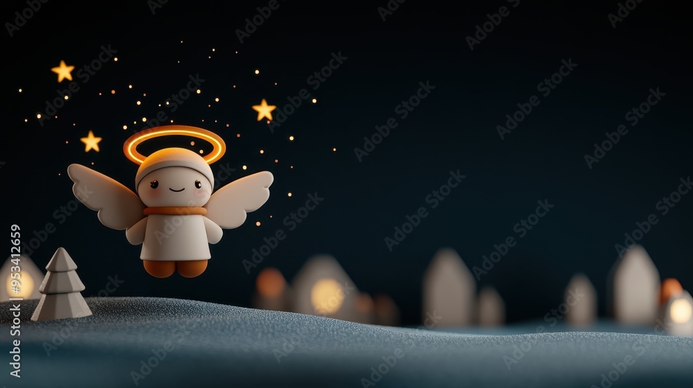 Fototapeta premium Adorable Christmas angel with a glowing halo floating over a snowy landscape at night, with stars twinkling in the background.