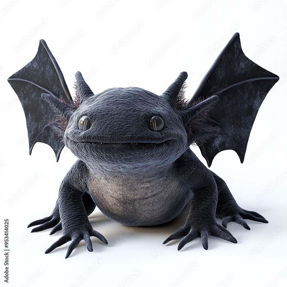 Fototapeta premium A spooky axolotl with bat wings, Halloween theme, dark and mysterious, isolated on white background