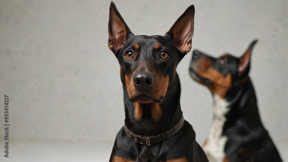 Doberman Pinscher Portrait with Another Dog in the Background Doberman Pinscher Portrait with Another Dog in the Background