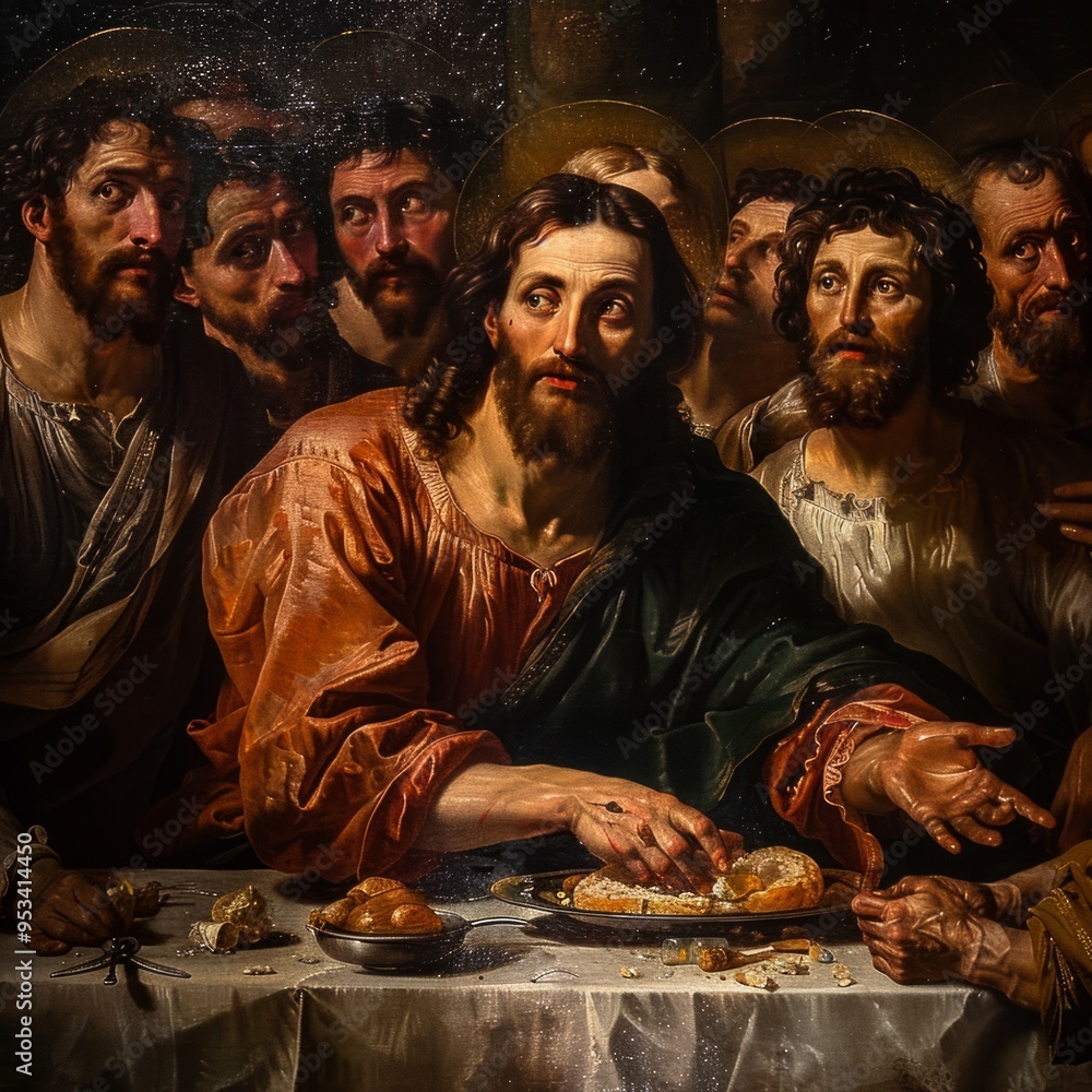 Depiction of the Last Supper with Christ and Apostles in a dark, atmospheric setting highlighting the moment of communion Depiction of the Last Supper with Christ and Apostles in a dark, atmospheric setting highlighting the moment of communion