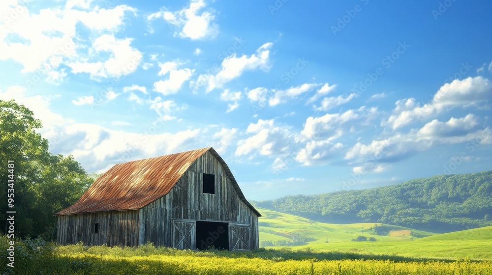 A rustic barn with a weathered wooden roof, set against a backdrop of rolling green hills and a bright blue sky. A rustic barn with a weathered wooden roof, set against a backdrop of rolling green hills and a bright blue sky.