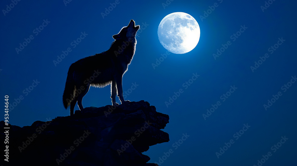 A striking silhouette of a wolf howling at a full moon, creating a mysterious and powerful night scene A striking silhouette of a wolf howling at a full moon, creating a mysterious and powerful night scene