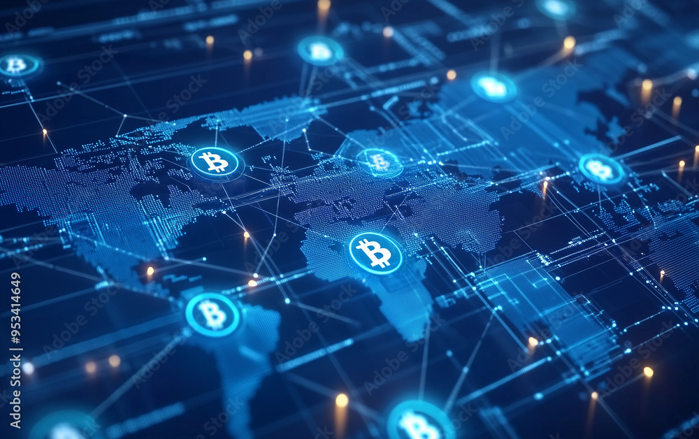 A blue digital background featuring a world map with interconnected Bitcoin symbols, representing the global spread of blockchain technology A blue digital background featuring a world map with interconnected Bitcoin symbols, representing the global spread of blockchain technology