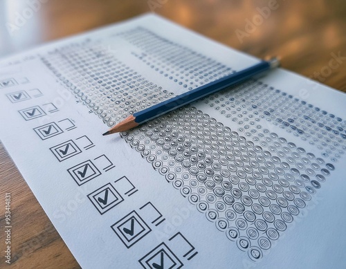 Test and examination materials featuring elements like a pencil, paper, and checkmarks representing assessment, education, and evaluation.