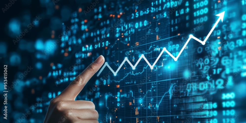 The hand points to the up arrow on the stock market chart, symbolizing growth and business success The hand points to the up arrow on the stock market chart, symbolizing growth and business success
