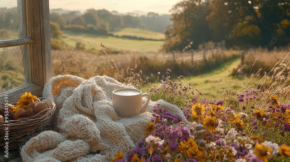 A cup of coffee atop a windowsill alongside a basket brimming with fruits and veggies A cup of coffee atop a windowsill alongside a basket brimming with fruits and veggies