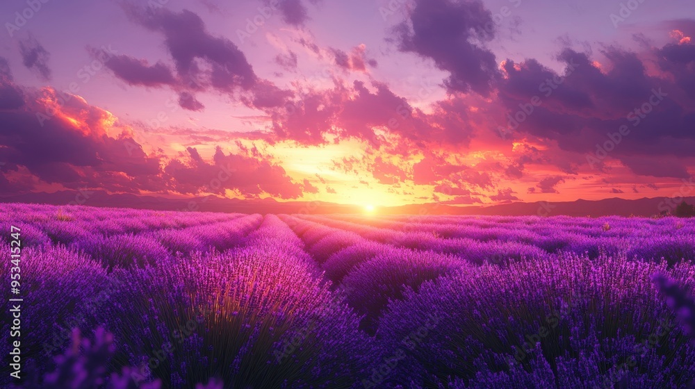 A moody, atmospheric sunset over lavender fields A moody, atmospheric sunset over lavender fields
