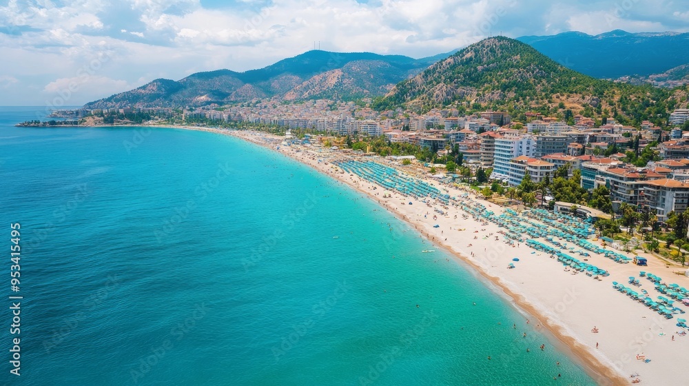 summertime coast of Alanya, Turkish Mediterranean Sea, crowded beach hotels, aerial view summertime coast of Alanya, Turkish Mediterranean Sea, crowded beach hotels, aerial view