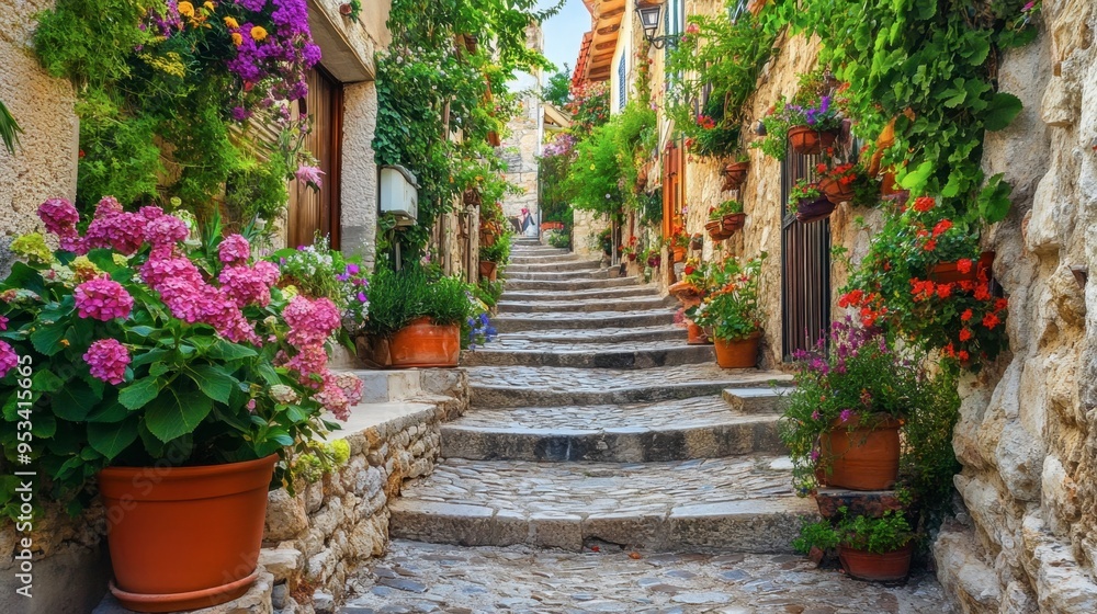 A stone staircase winding through a Mediterranean village, lined with colorful flowers and quaint houses. A stone staircase winding through a Mediterranean village, lined with colorful flowers and quaint houses.