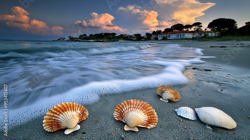   Three seashells rest on the seashore as the sun dips below the horizon, casting a warm glow over the nearby ocean and house