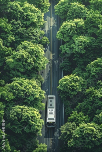 Aerial view of a bus traveling through lush green forests on a winding road during daylight