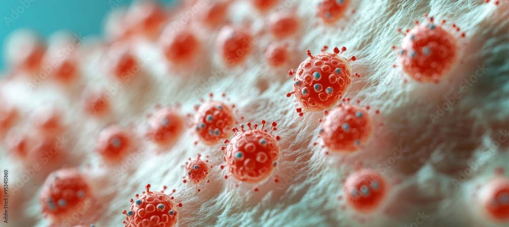 Fototapeta premium Microscopic view monkeypox virus skin infection. Healthcare medical care. Generative AI technology.