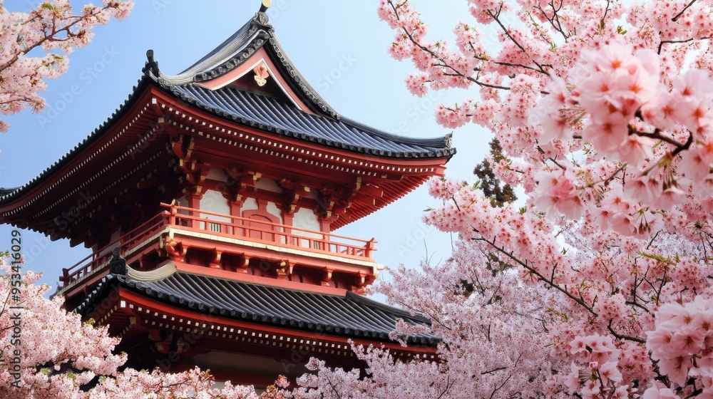 A traditional Japanese pagoda roof with curved eaves, set against a backdrop of cherry blossoms in full bloom. A traditional Japanese pagoda roof with curved eaves, set against a backdrop of cherry blossoms in full bloom.