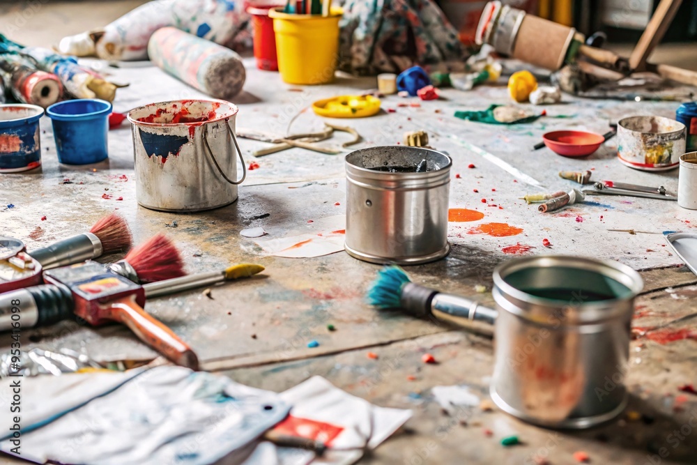 Artistic Chaos: A Painter's Workshop. This image captures the essence of an artist's creative process, showcasing a cluttered workshop brimming with paint splatters, brushes. Artistic Chaos: A Painter's Workshop. This image captures the essence of an artist's creative process, showcasing a cluttered workshop brimming with paint splatters, brushes.