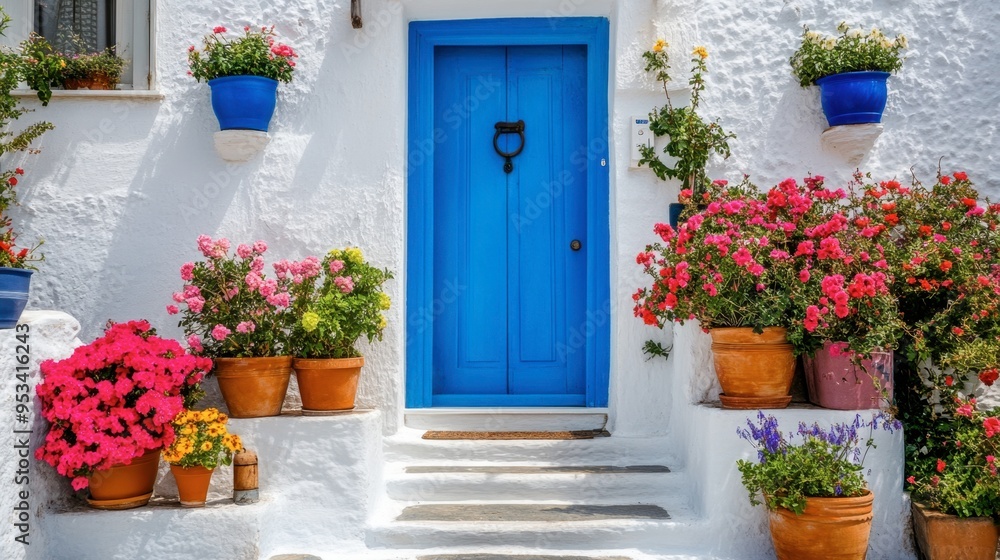 Naklejka premium A vibrant blue door on a traditional Greek house, with white walls and colorful flowers in pots lining the steps.
