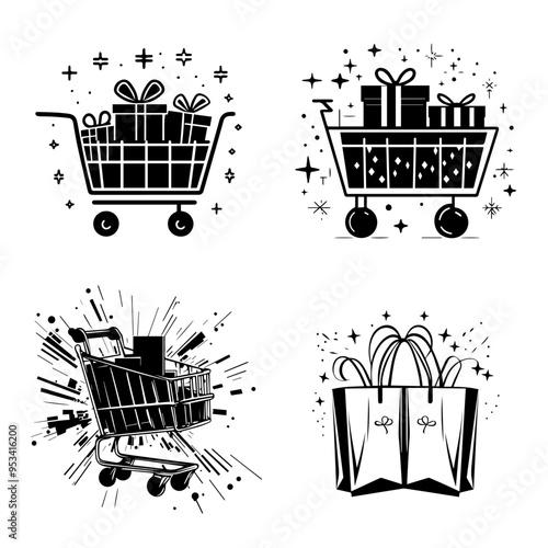 Black Friday Shopping Cart & Gift Icons Free Vector Illustrations