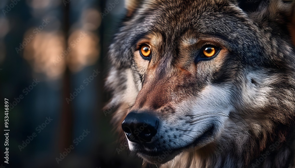 A close-up portrait of a wolf with a reflective A close-up portrait of a wolf with a reflective