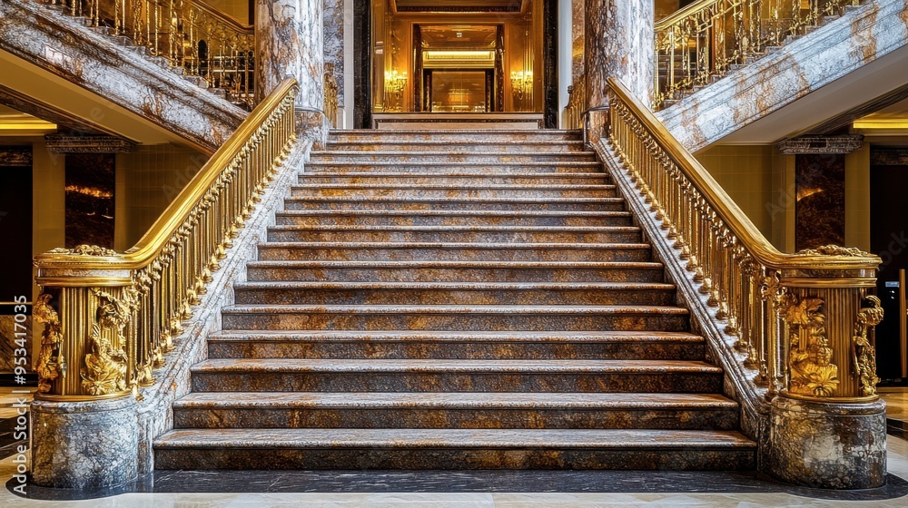 Obraz premium An elegant staircase in a hotel lobby, with marble steps and golden railings, leading up to the next floor.
