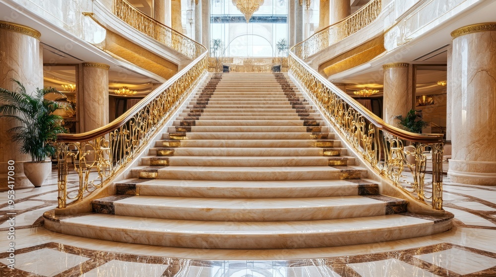 Obraz premium An elegant staircase in a hotel lobby, with marble steps and golden railings, leading up to the next floor.