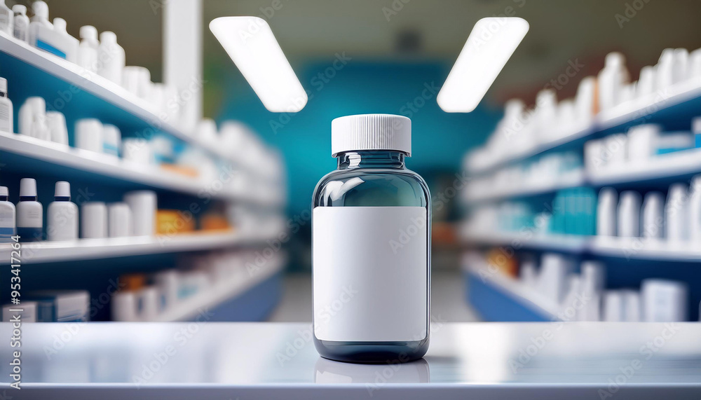 A bottle of medicine sits on a table in a store. The bottle is clear and has a white label. The store is filled with shelves of various products, creating a busy and bustling atmosphere A bottle of medicine sits on a table in a store. The bottle is clear and has a white label. The store is filled with shelves of various products, creating a busy and bustling atmosphere