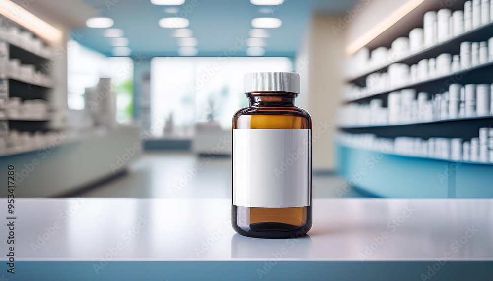 A bottle of medicine sits on a counter in a pharmacy. The bottle is brown and white, and the label is white. The pharmacy is filled with shelves of medicine bottles, and the room is bright and clean A bottle of medicine sits on a counter in a pharmacy. The bottle is brown and white, and the label is white. The pharmacy is filled with shelves of medicine bottles, and the room is bright and clean