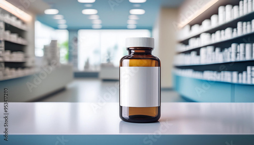 A bottle of medicine sits on a counter in a pharmacy. The bottle is brown and white, and the label is white. The pharmacy is filled with shelves of medicine bottles, and the room is bright and clean