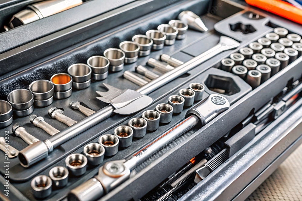 Mechanic's Tool Kit - Variety of Tools for Automotive Repair. Close-up image of a professional mechanic's tool kit, showcasing a comprehensive selection of sockets, wrenches. Mechanic's Tool Kit - Variety of Tools for Automotive Repair. Close-up image of a professional mechanic's tool kit, showcasing a comprehensive selection of sockets, wrenches.