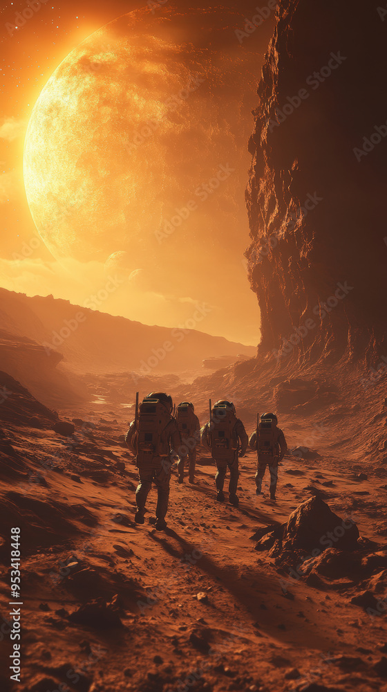 Obraz premium Beyond the Stars: Astronauts on an Alien World under a Distant Sun