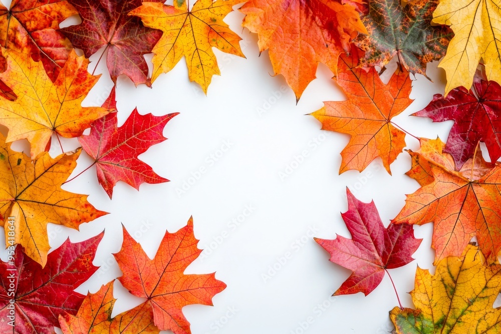 Autumn Maple Leaves Flat Lay White Background created with Generative AI Autumn Maple Leaves Flat Lay White Background created with Generative AI
