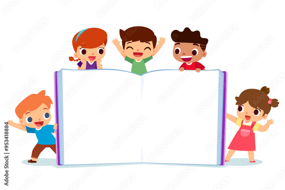 happy children with blank open book happy children with blank open book