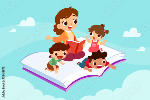 teacher reading to children on flying book