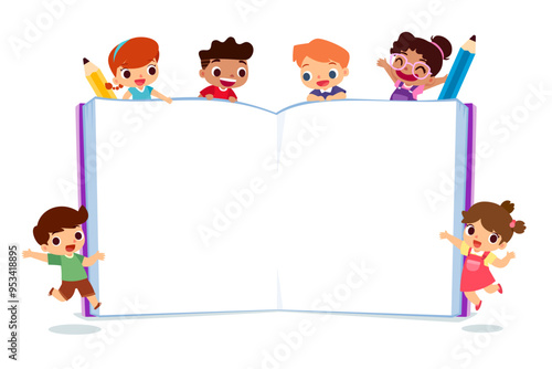 happy kids with blank open book