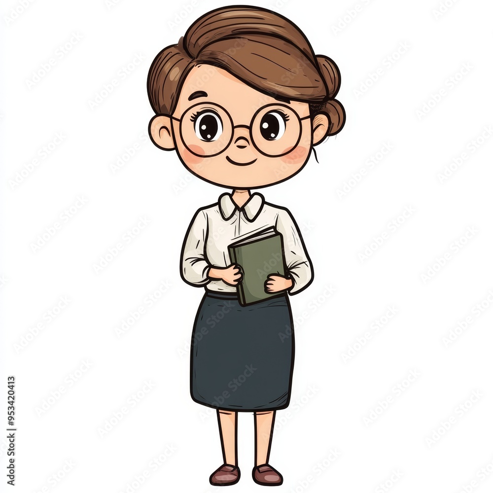 Cute cartoon school teacher holding a book in an isolated white background illustration Cute cartoon school teacher holding a book in an isolated white background illustration