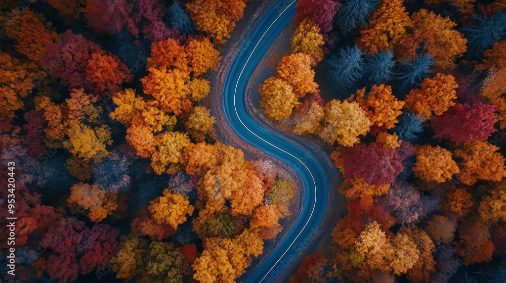 Travel via a winding road through an autumn forest and see the fall foliage from above. Travel via a winding road through an autumn forest and see the fall foliage from above.