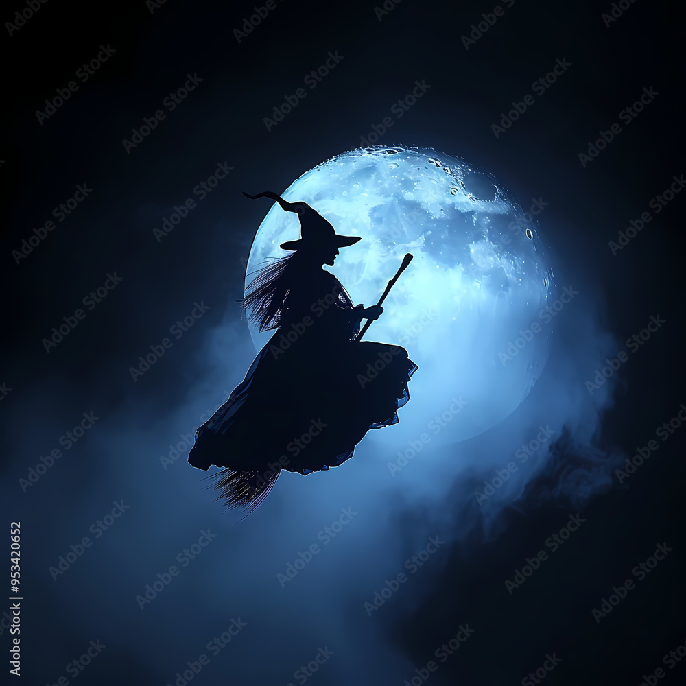 Naklejka premium witch flying over the moon