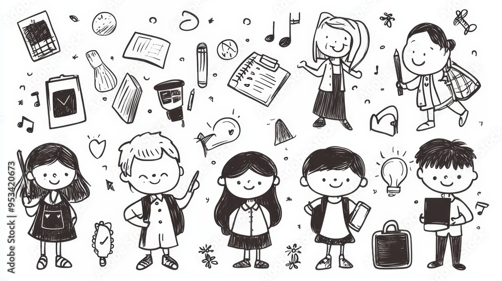 Cute black and white doodle clipart featuring students and teachers in a back to school theme Cute black and white doodle clipart featuring students and teachers in a back to school theme