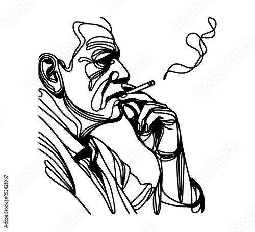 old man smoking cigarette continuous line drawing